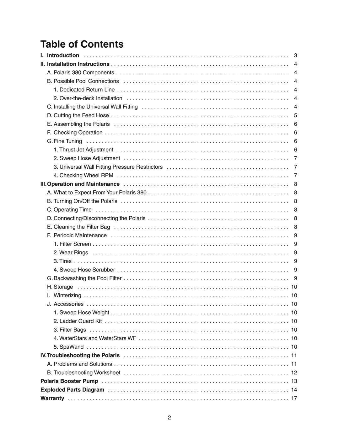 Polaris 380 owner manual Table of Contents 