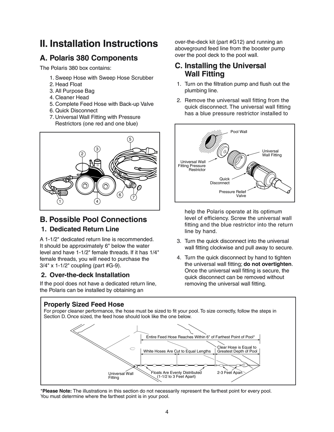 Polaris II. Installation Instructions, A. Polaris 380 Components, B. Possible Pool Connections, Dedicated Return Line 