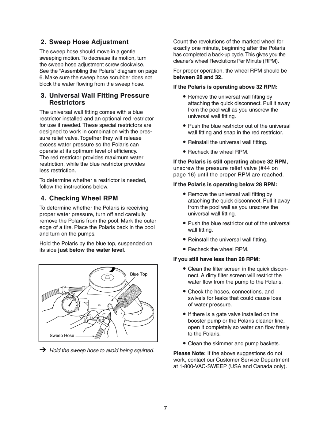 Polaris 380 owner manual Sweep Hose Adjustment, Universal Wall Fitting Pressure Restrictors, Checking Wheel RPM 