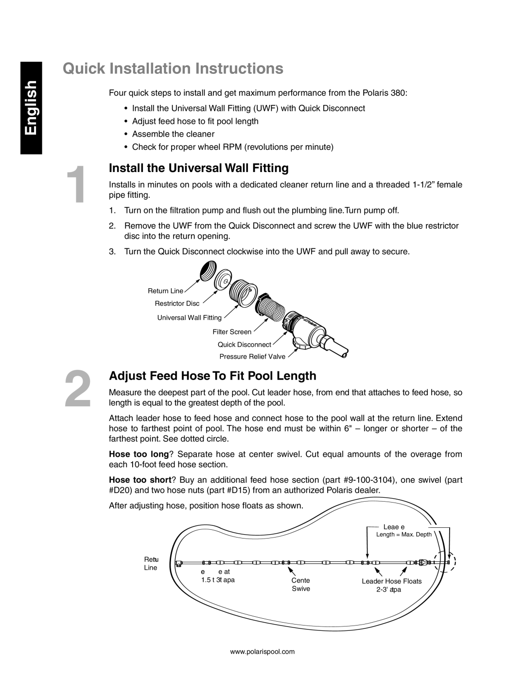 Polaris 380 owner manual Quick Installation Instructions, Install the Universal Wall Fitting, English 