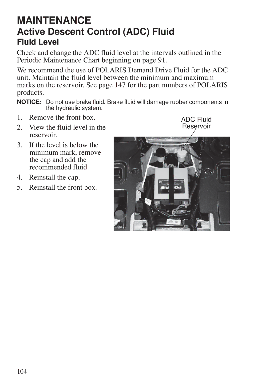 Polaris 550 EPS owner manual Active Descent Control ADC Fluid, Fluid Level 