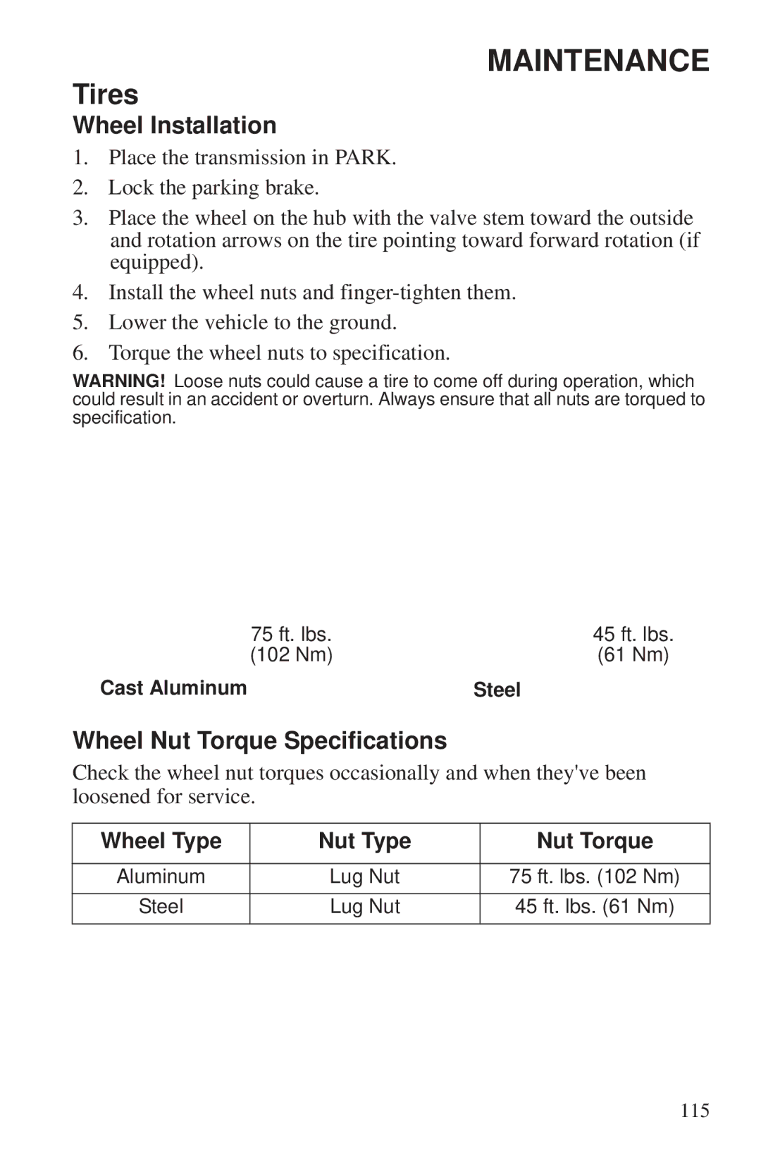 Polaris 550 EPS owner manual Wheel Installation, Wheel Nut Torque Specifications, Wheel Type Nut Type Nut Torque 