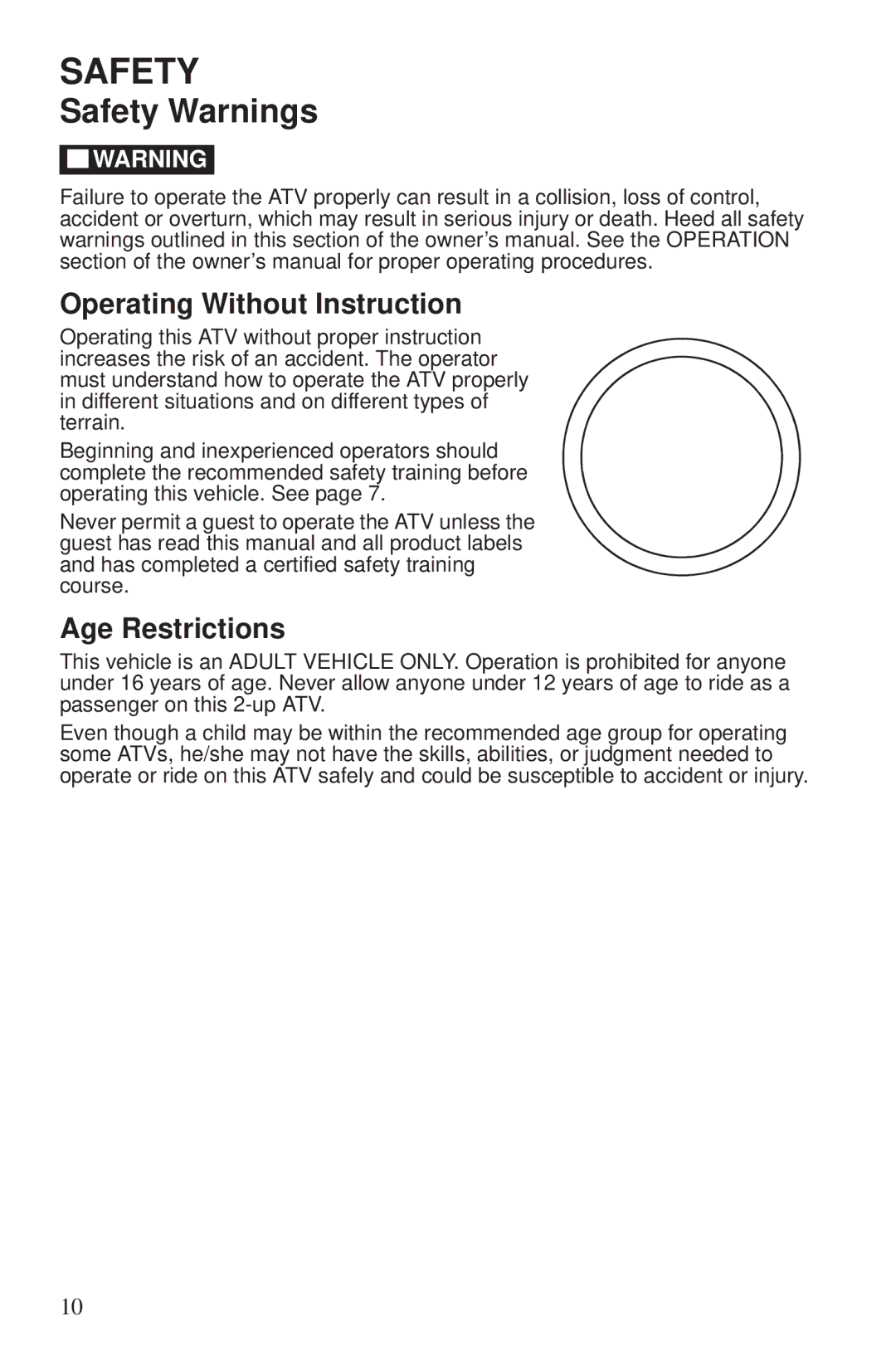 Polaris 550 EPS owner manual Safety Warnings, Operating Without Instruction, Age Restrictions 