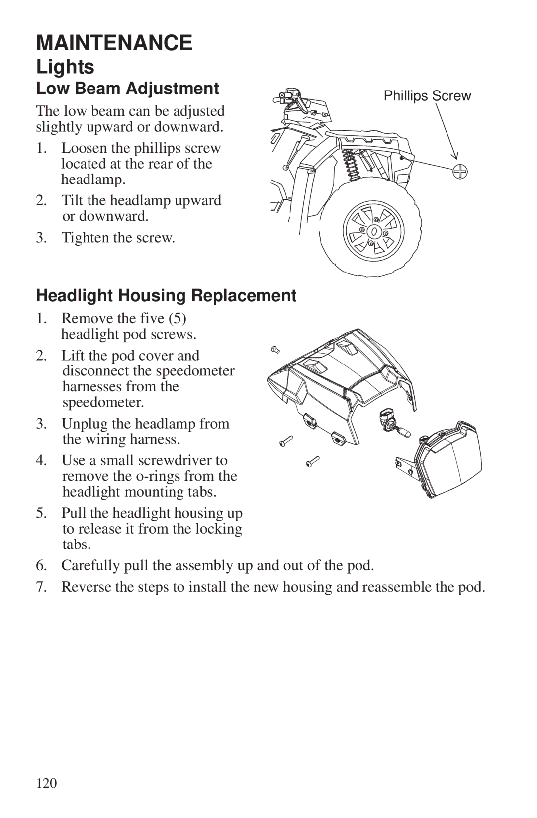 Polaris 550 EPS owner manual Low Beam Adjustment, Headlight Housing Replacement 