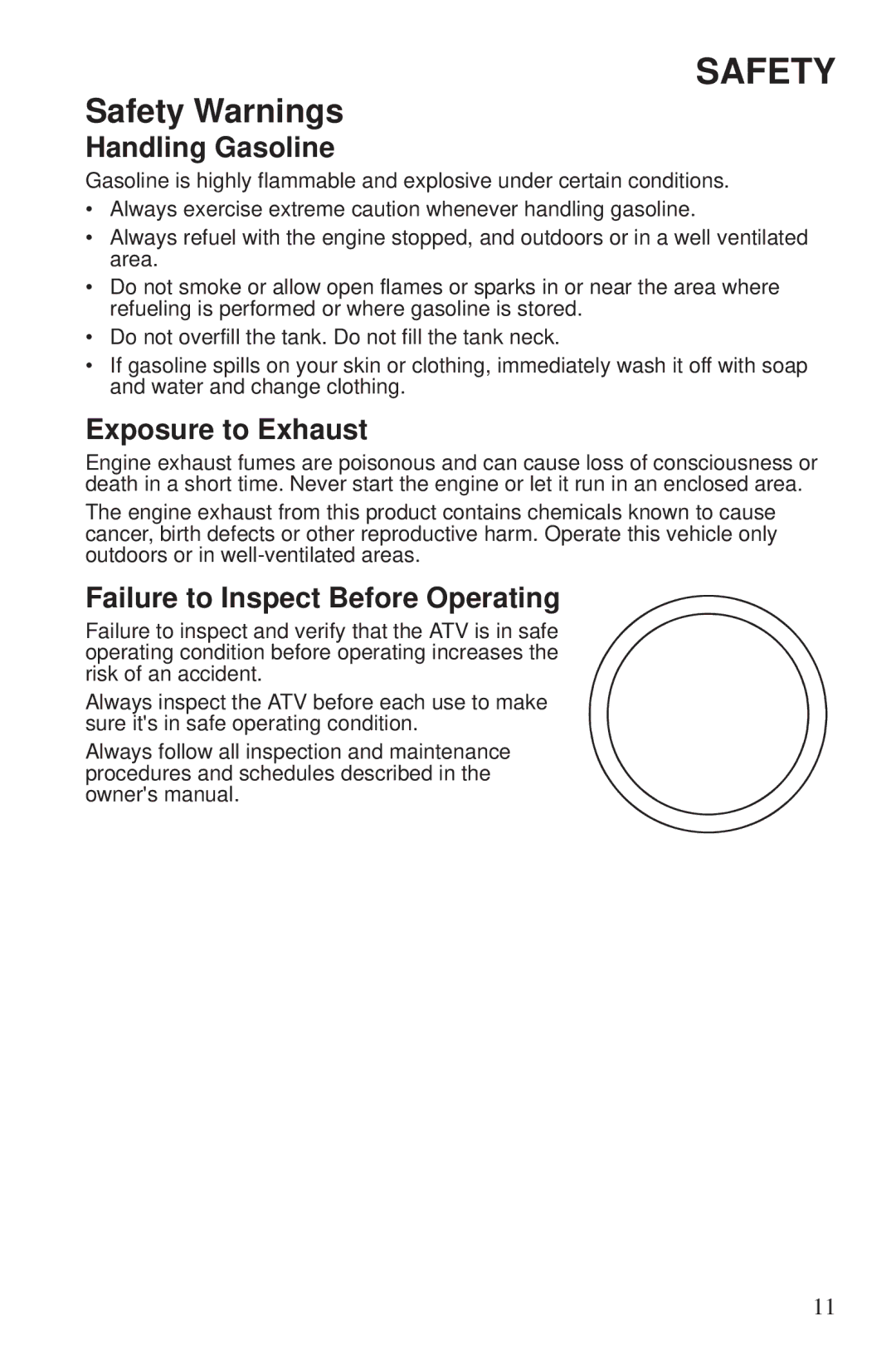 Polaris 550 EPS owner manual Handling Gasoline, Exposure to Exhaust, Failure to Inspect Before Operating 