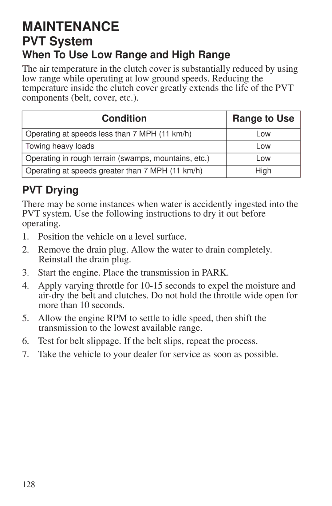 Polaris 550 EPS owner manual When To Use Low Range and High Range, PVT Drying, Condition Range to Use 