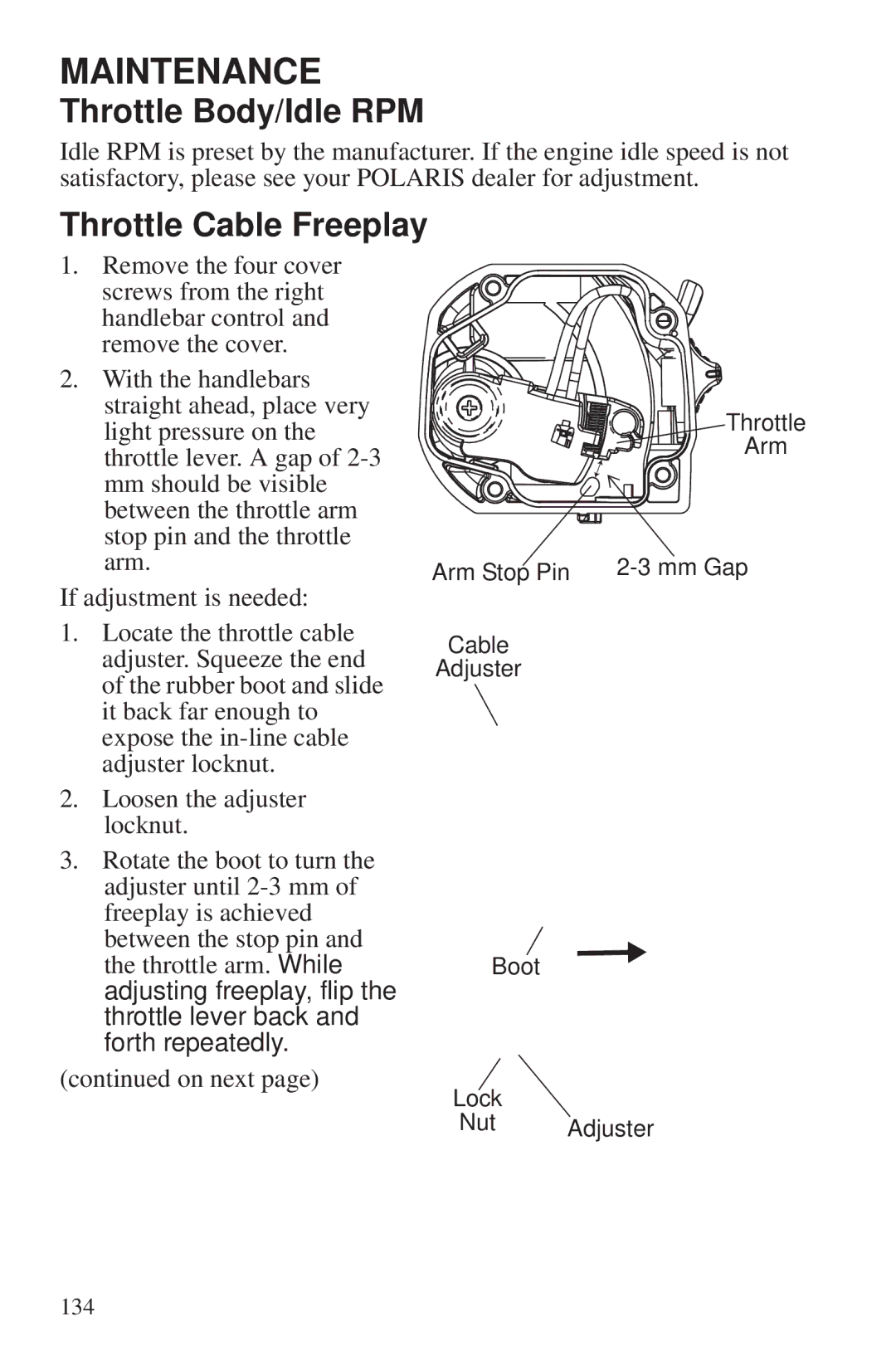 Polaris 550 EPS owner manual Throttle Body/Idle RPM, Throttle Cable Freeplay 