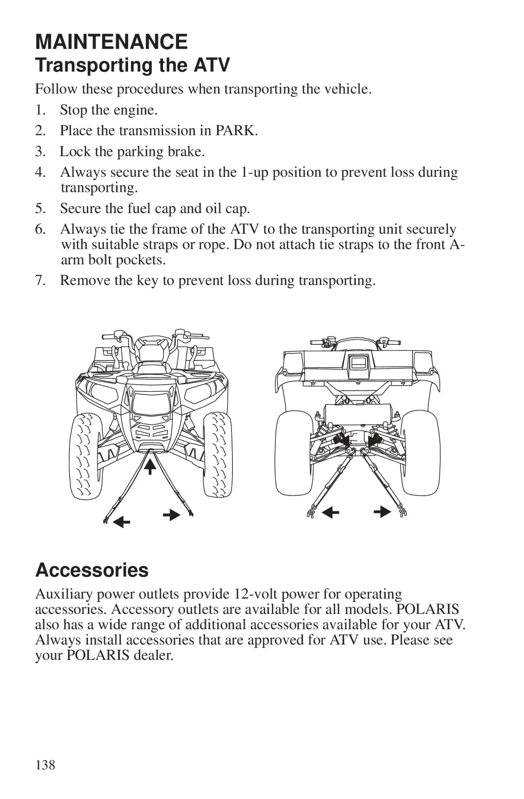 Polaris 550 EPS owner manual Transporting the ATV, Accessories 