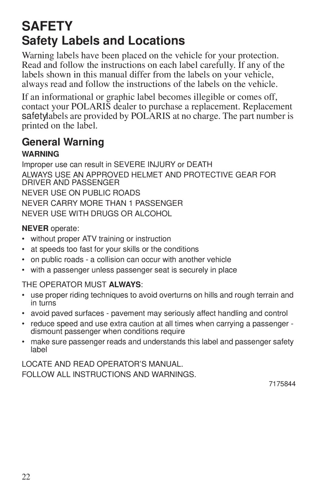 Polaris 550 EPS owner manual Safety Labels and Locations, General Warning 