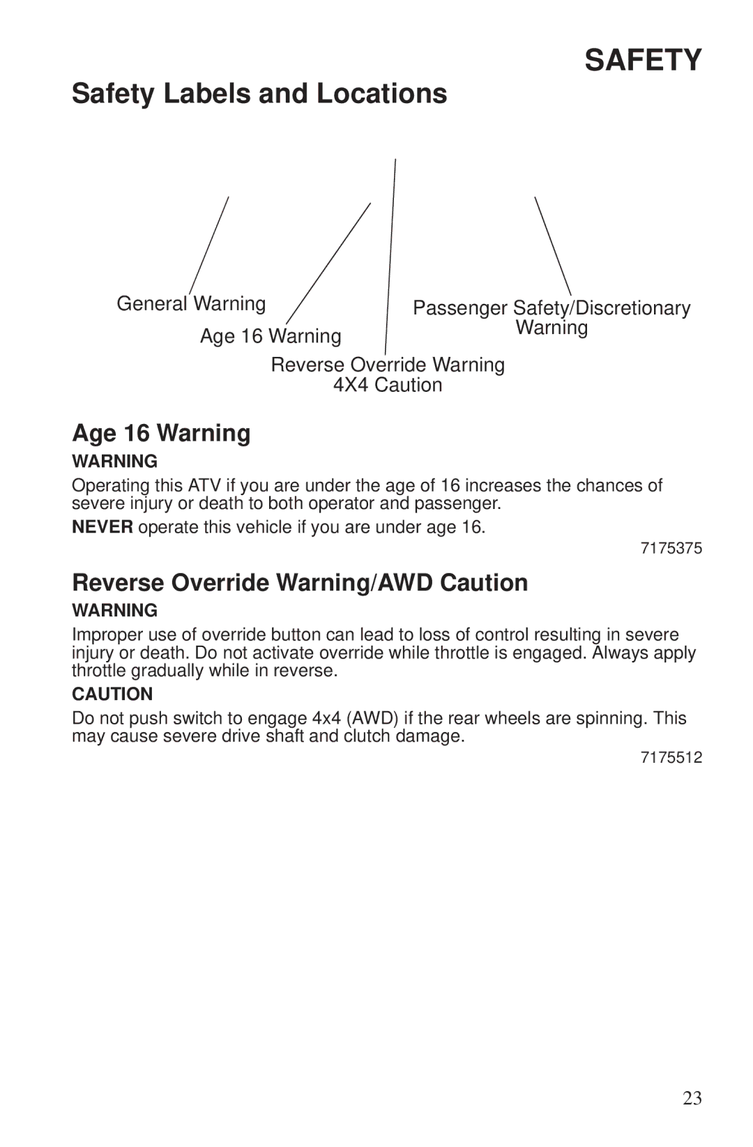 Polaris 550 EPS owner manual Age 16 Warning, Reverse Override Warning/AWD Caution 