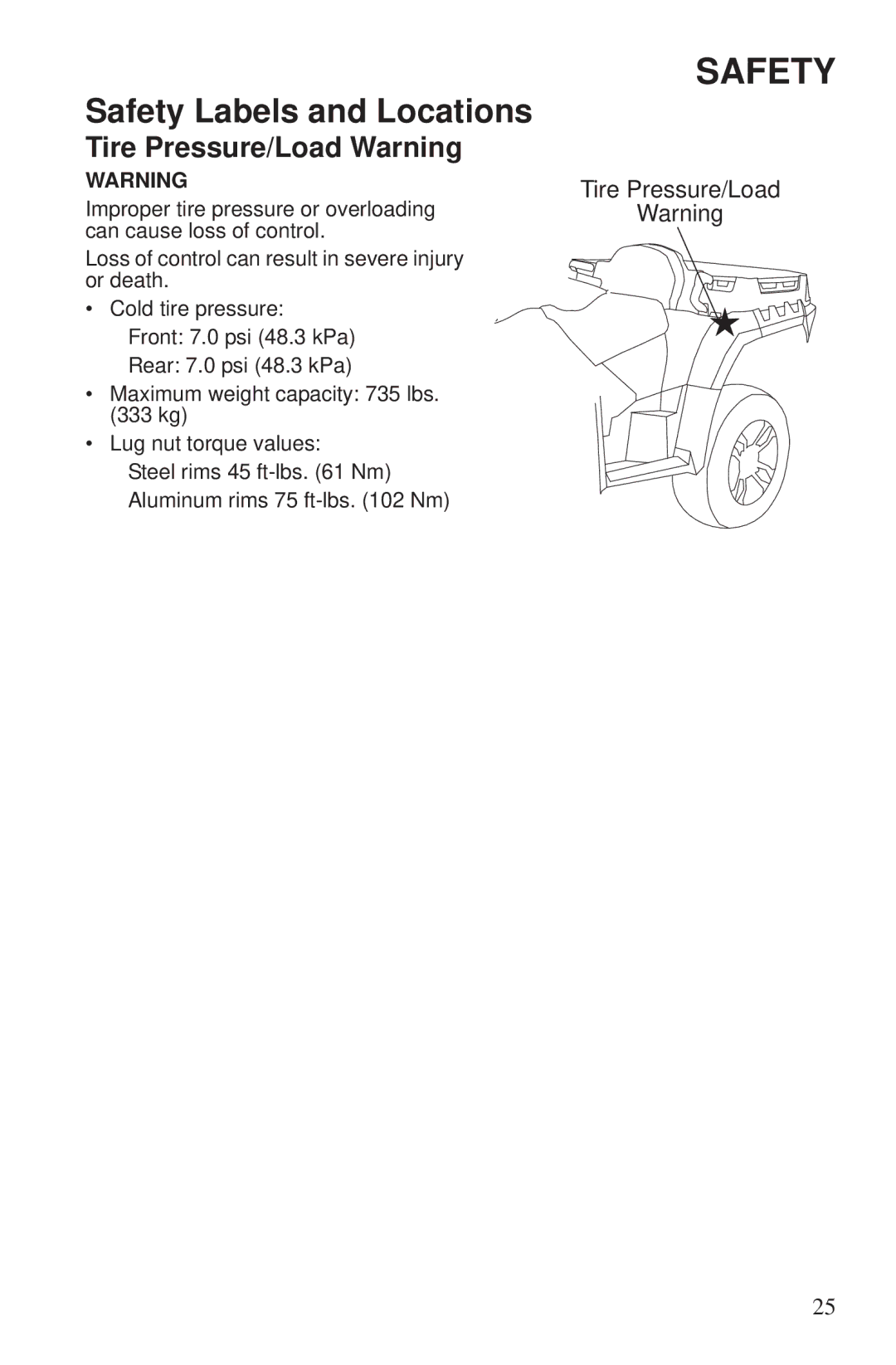 Polaris 550 EPS owner manual Tire Pressure/Load Warning 