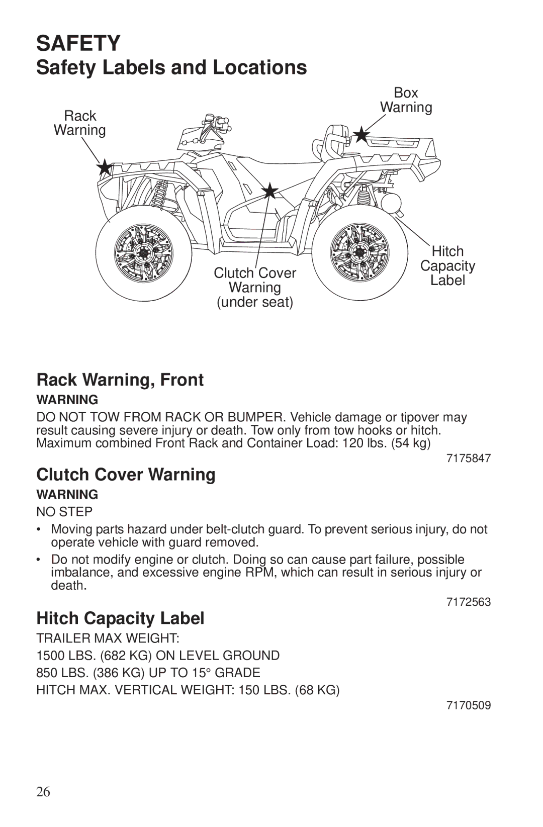 Polaris 550 EPS owner manual Rack Warning, Front, Clutch Cover Warning, Hitch Capacity Label 