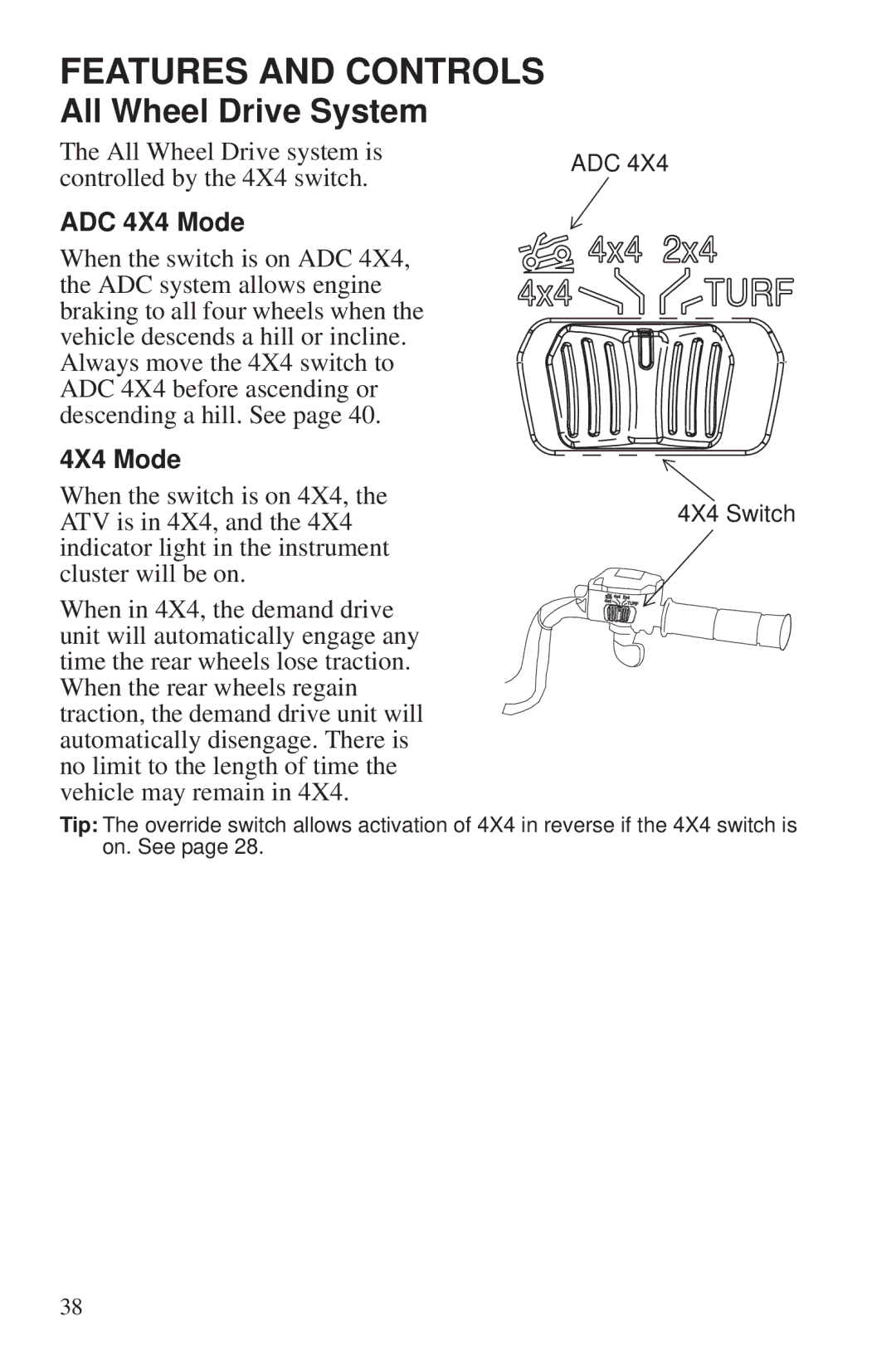 Polaris 550 EPS owner manual All Wheel Drive System, ADC 4X4 Mode 