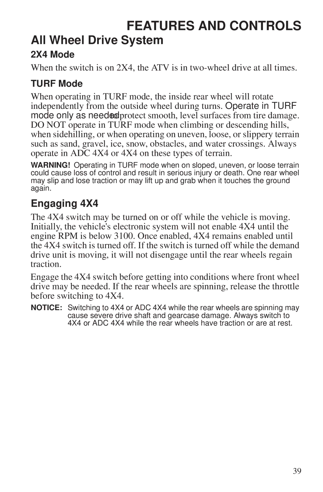 Polaris 550 EPS owner manual Engaging, 2X4 Mode, Turf Mode 