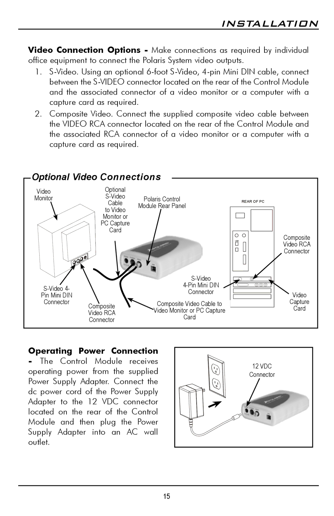 Polaris D7500 manual Optional Video Connections, Operating Power Connection 