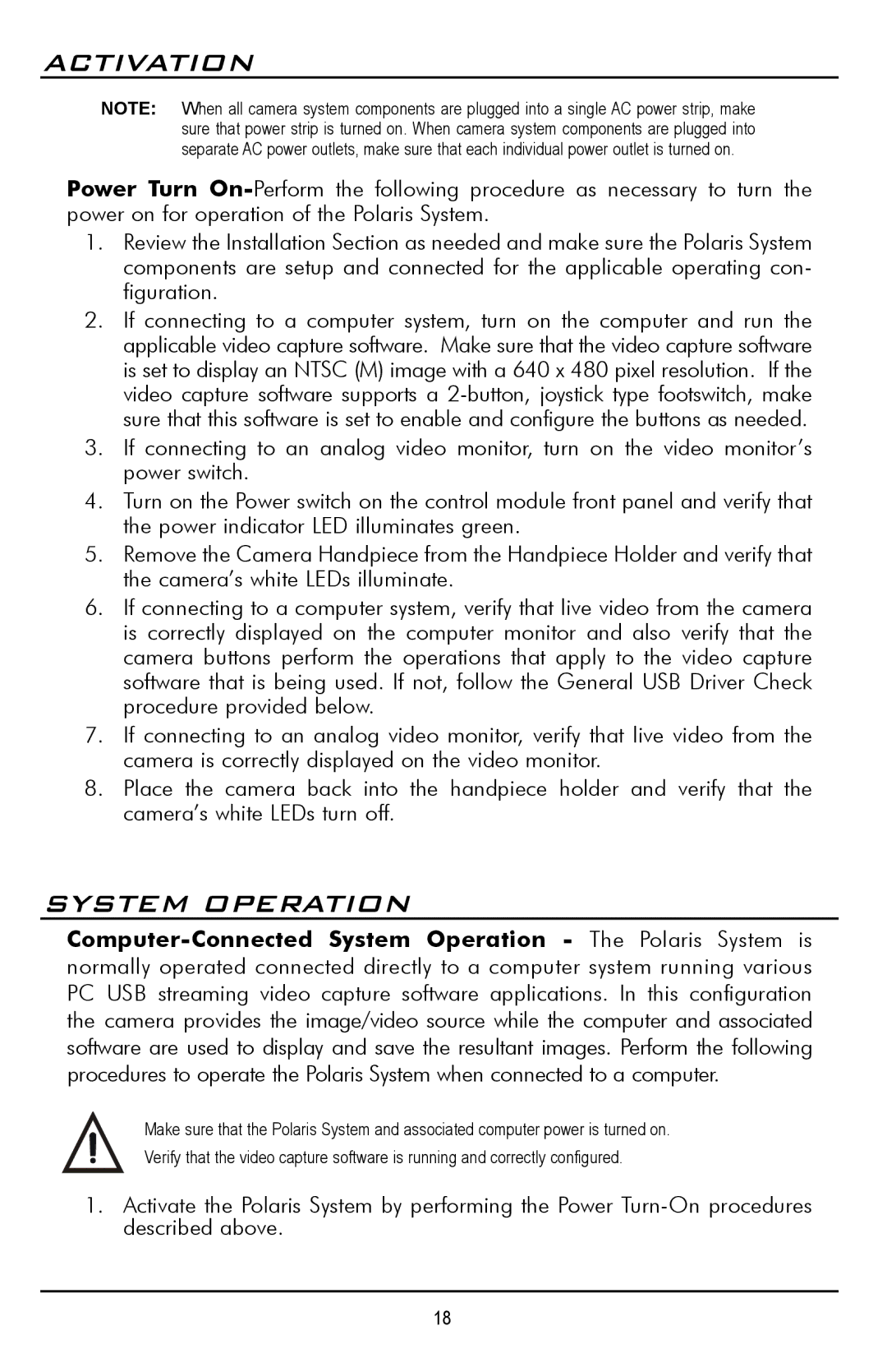 Polaris D7500 manual Activation, Computer-Connected System Operation The Polaris System is 