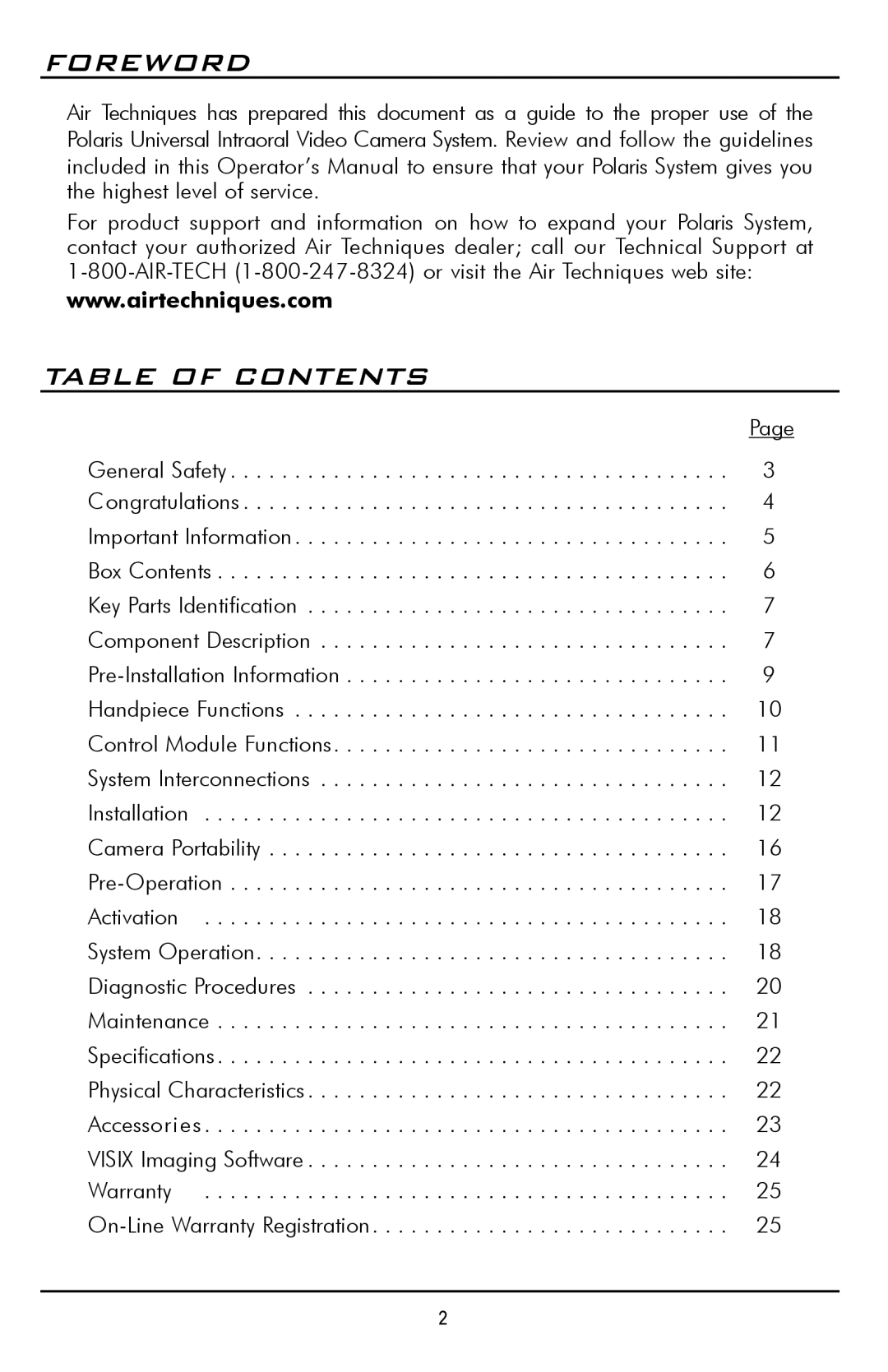 Polaris D7500 manual Foreword, Table of Contents 