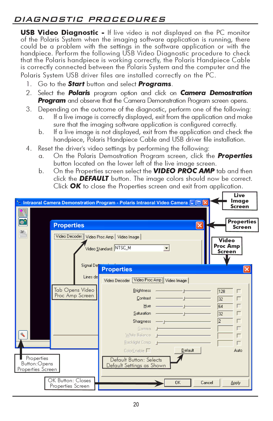 Polaris D7500 manual Diagnostic Procedures, Tab Opens Video Proc Amp Screen 