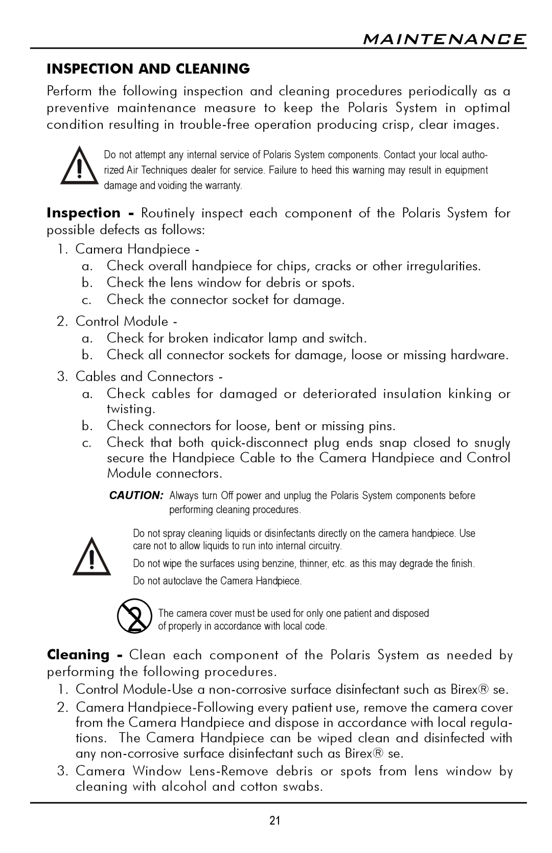 Polaris D7500 manual Maintenance, Inspection and Cleaning 