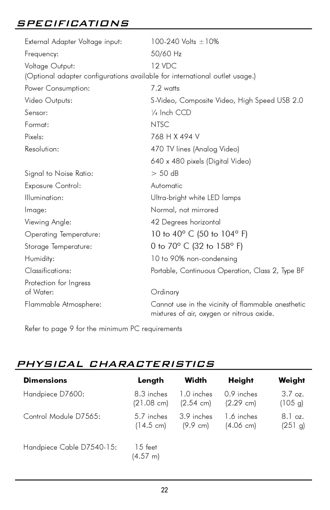 Polaris D7500 manual Specifications, Physical Characteristics, 10 to 40º C 50 to 104º F, To 70º C 32 to 158º F 