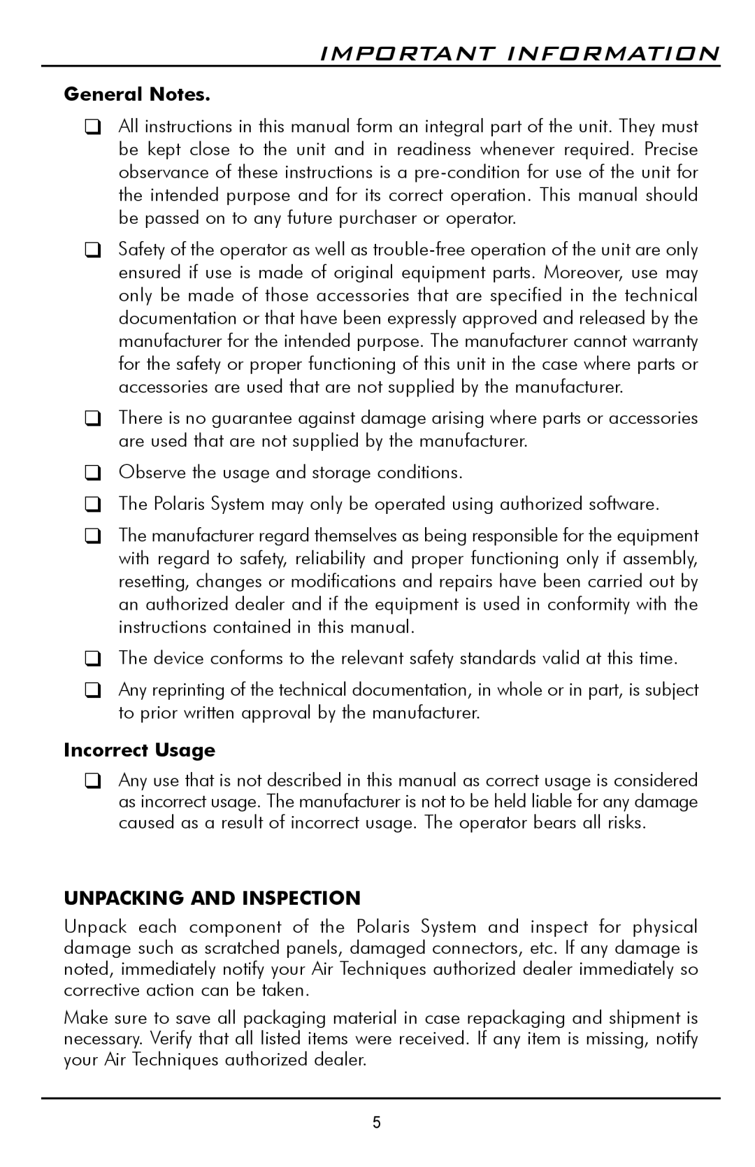 Polaris D7500 manual Important Information, General Notes, Incorrect Usage 