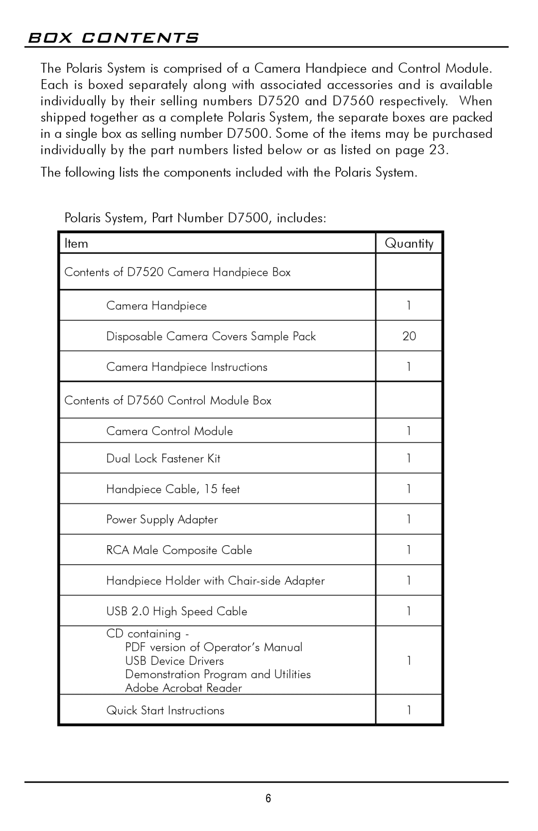 Polaris D7500 manual BOX Contents 