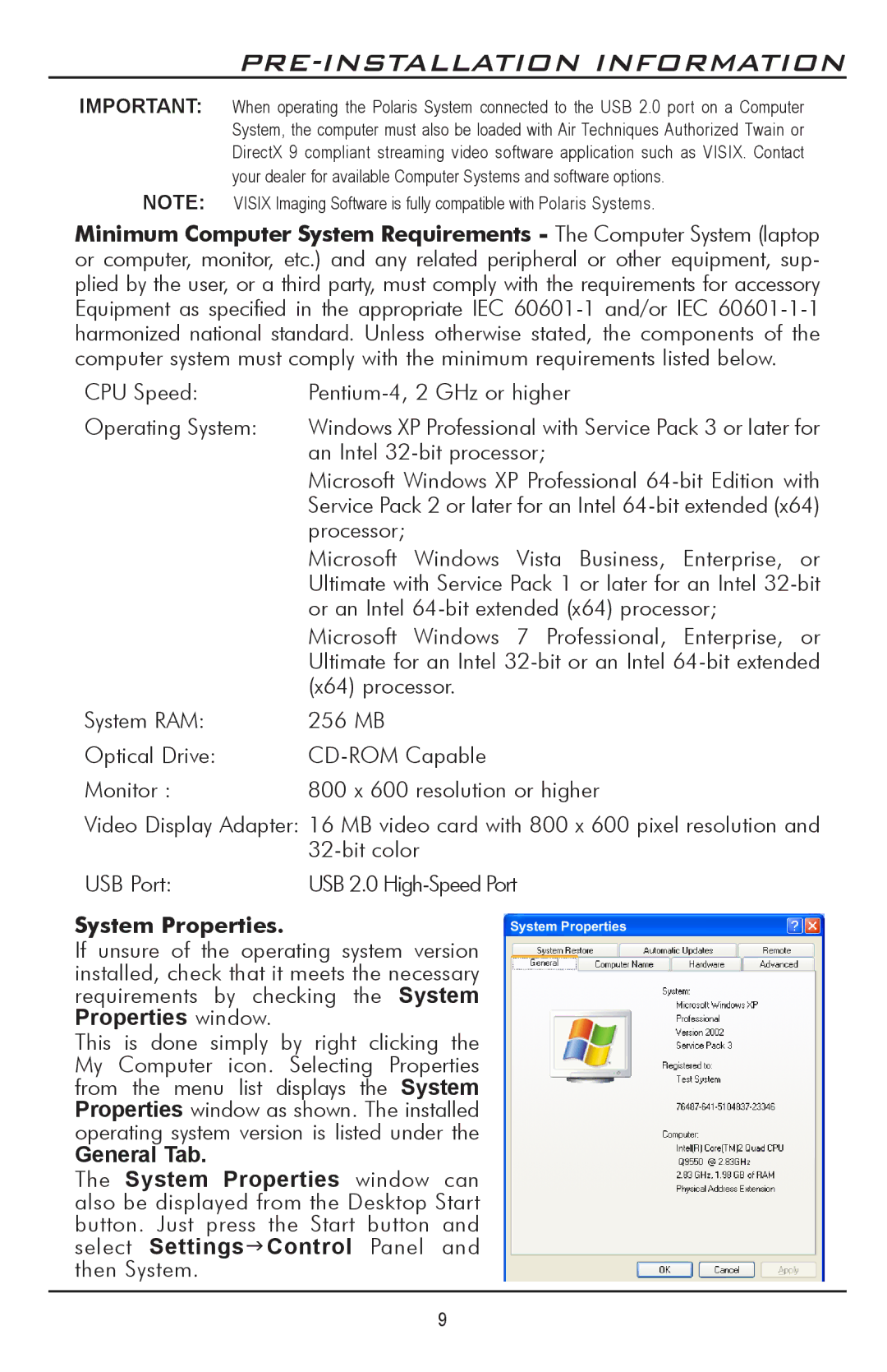 Polaris D7500 manual PRE-INSTALLATION Information, System Properties, General Tab 