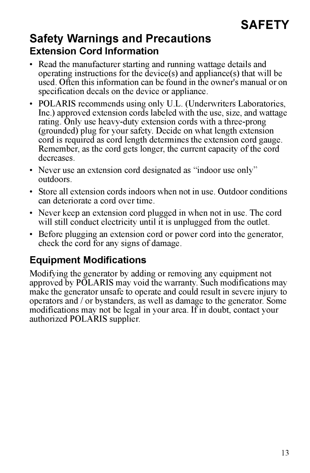 Polaris P2000i, P1000i manual Extension Cord Information, Equipment Modifications 