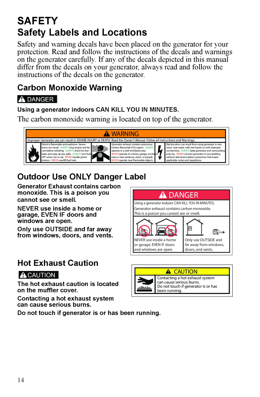 Polaris P1000i Safety Labels and Locations, Carbon Monoxide Warning, Outdoor Use only Danger Label, Hot Exhaust Caution 