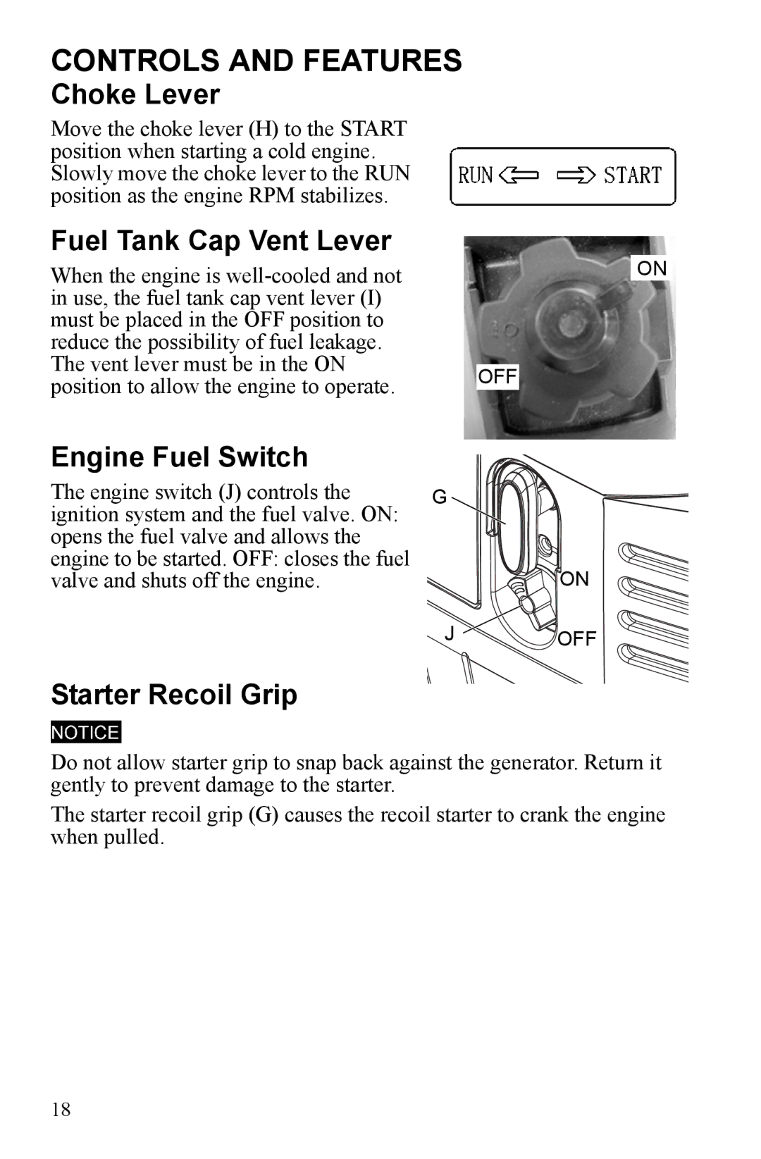 Polaris P1000i, P2000i manual Choke Lever, Fuel Tank Cap Vent Lever, Engine Fuel Switch, Starter Recoil Grip 