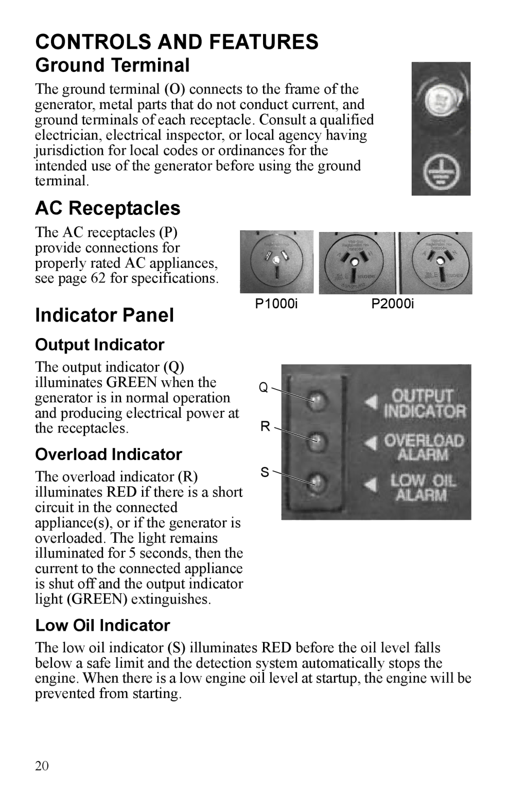 Polaris P1000i, P2000i manual Ground Terminal, AC Receptacles, Indicator Panel 