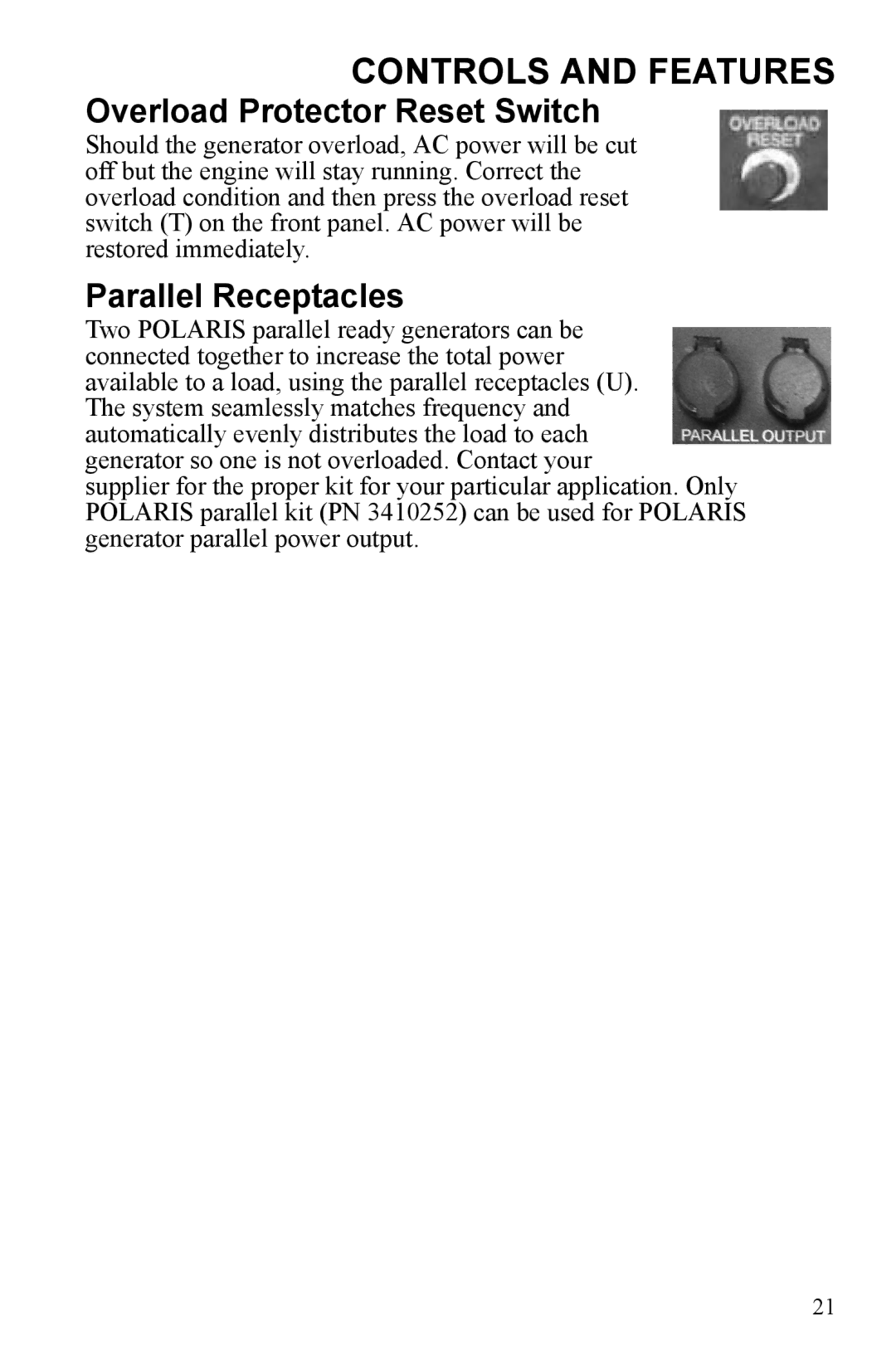 Polaris P2000i, P1000i manual Overload Protector Reset Switch, Parallel Receptacles 