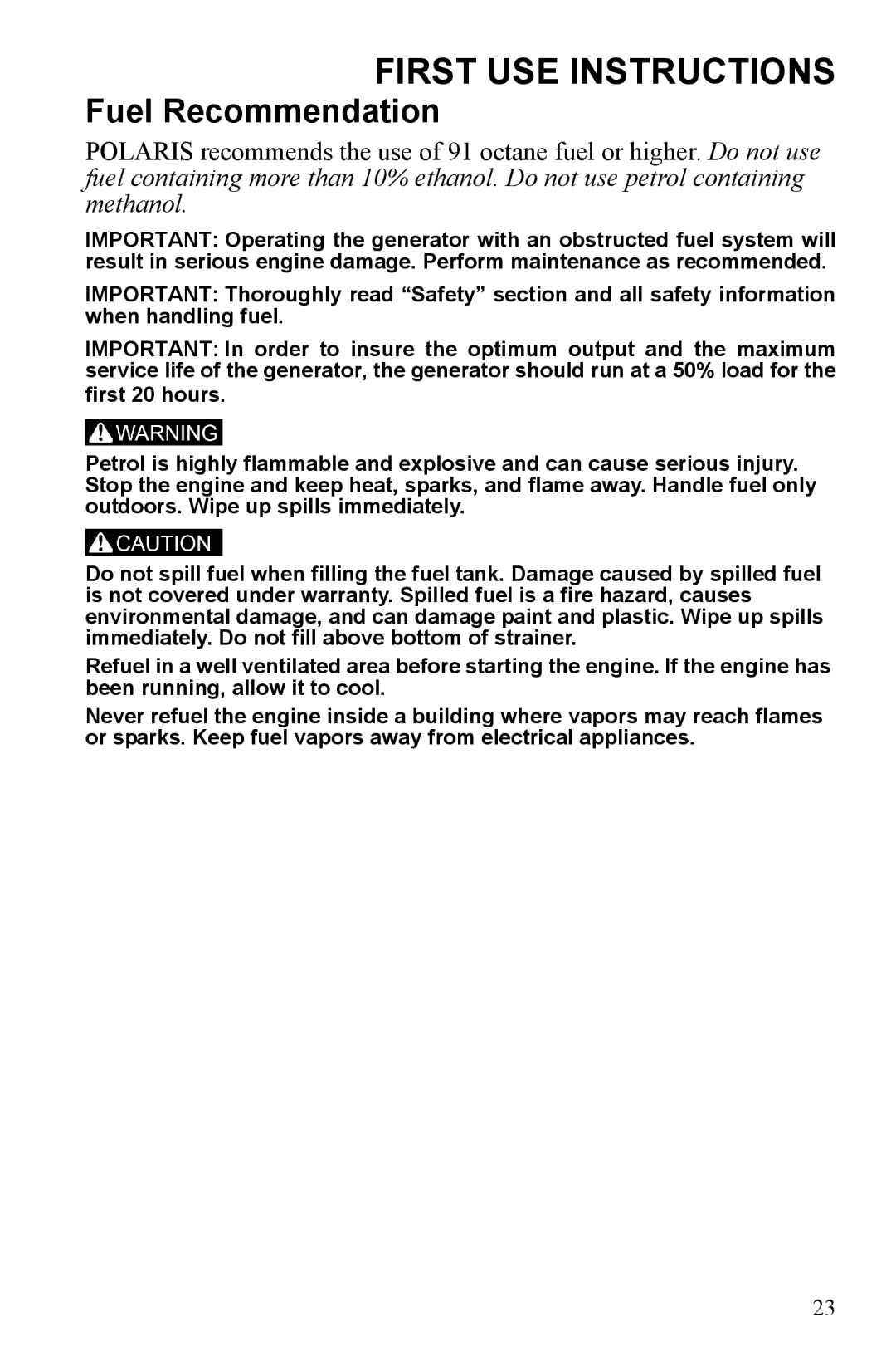 Polaris P2000i, P1000i manual Fuel Recommendation 