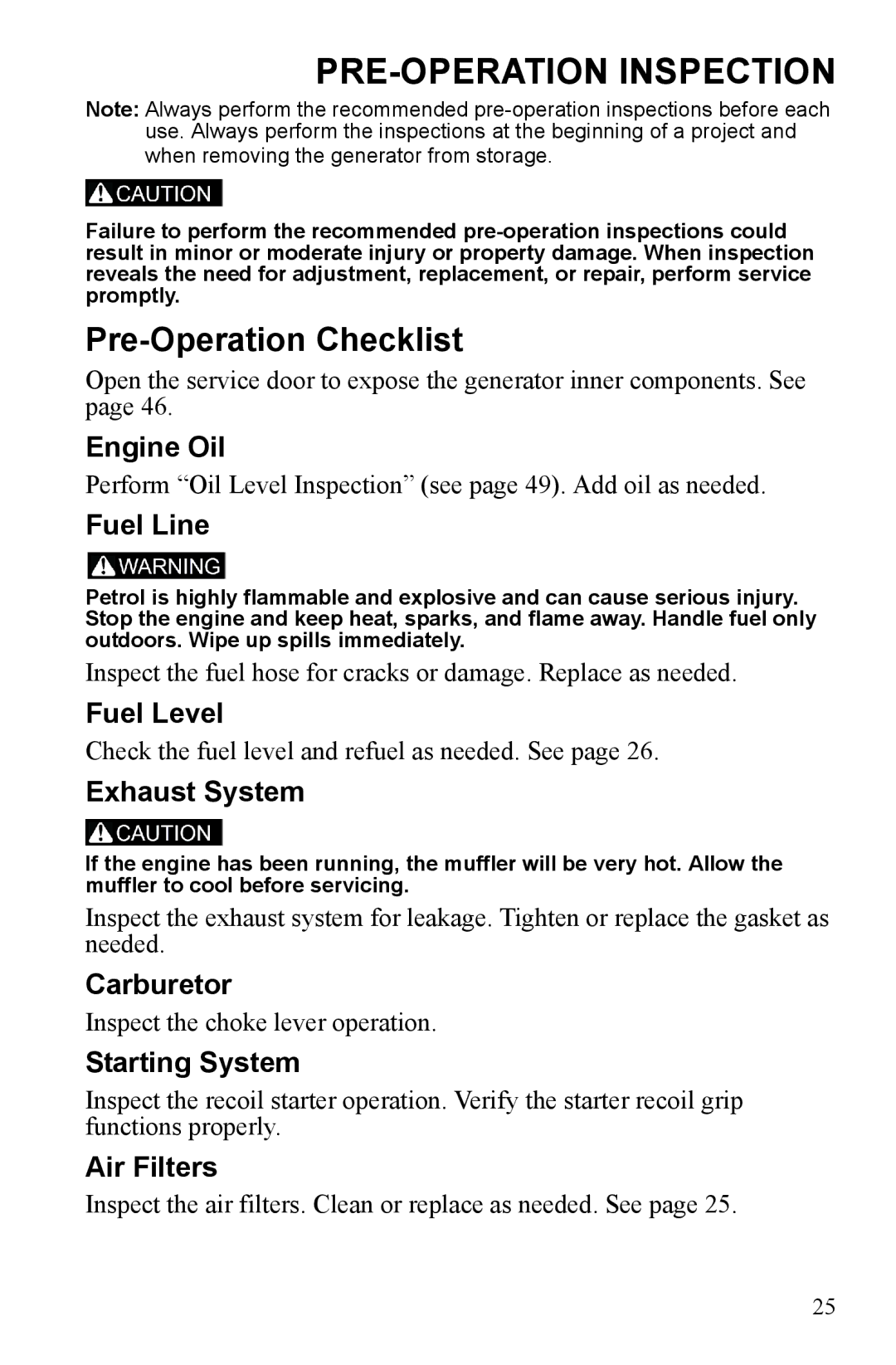 Polaris P2000i, P1000i manual PRE-OPERATION Inspection, Pre-Operation Checklist 