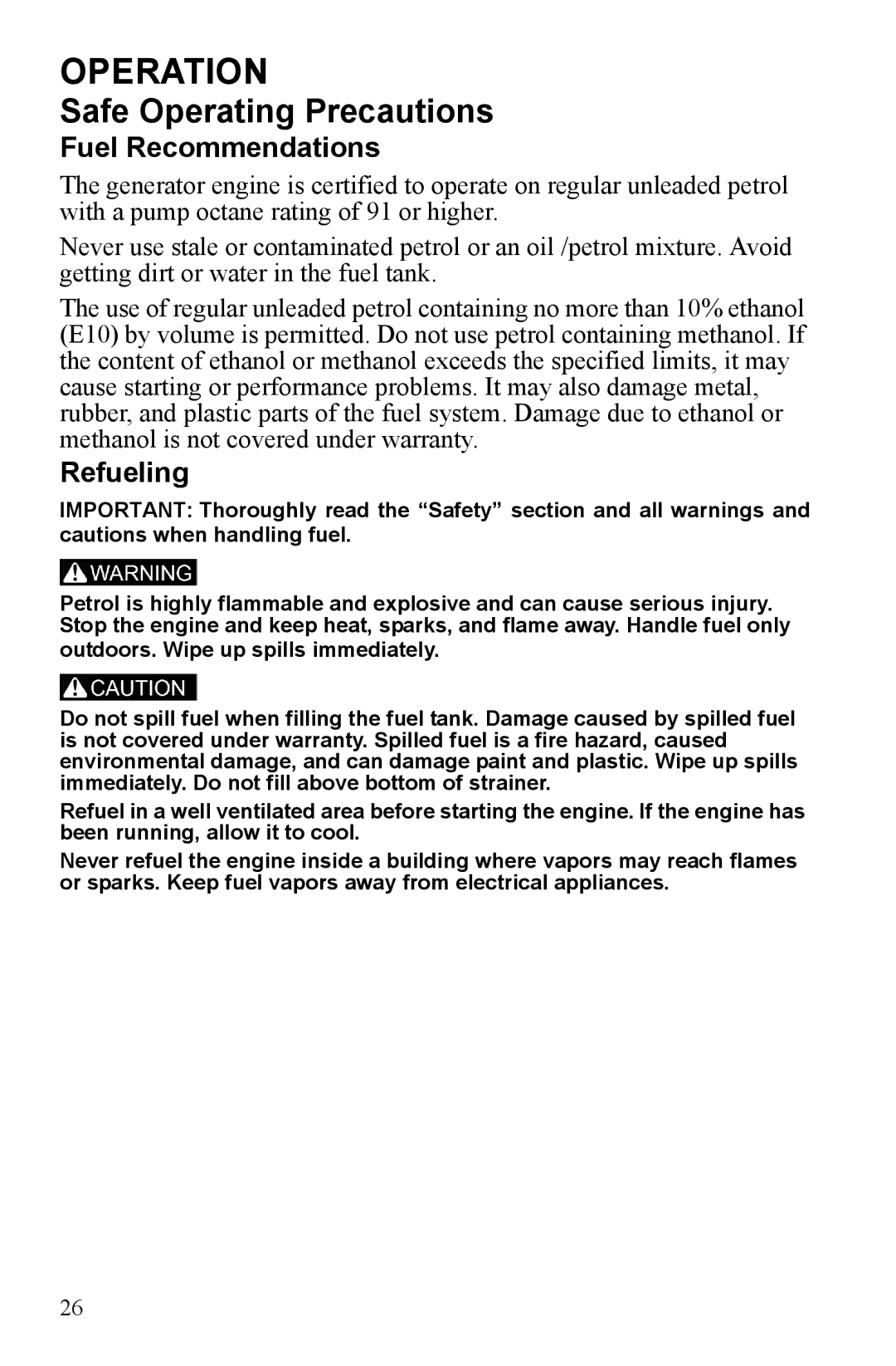 Polaris P1000i, P2000i manual Operation, Safe Operating Precautions, Fuel Recommendations, Refueling 