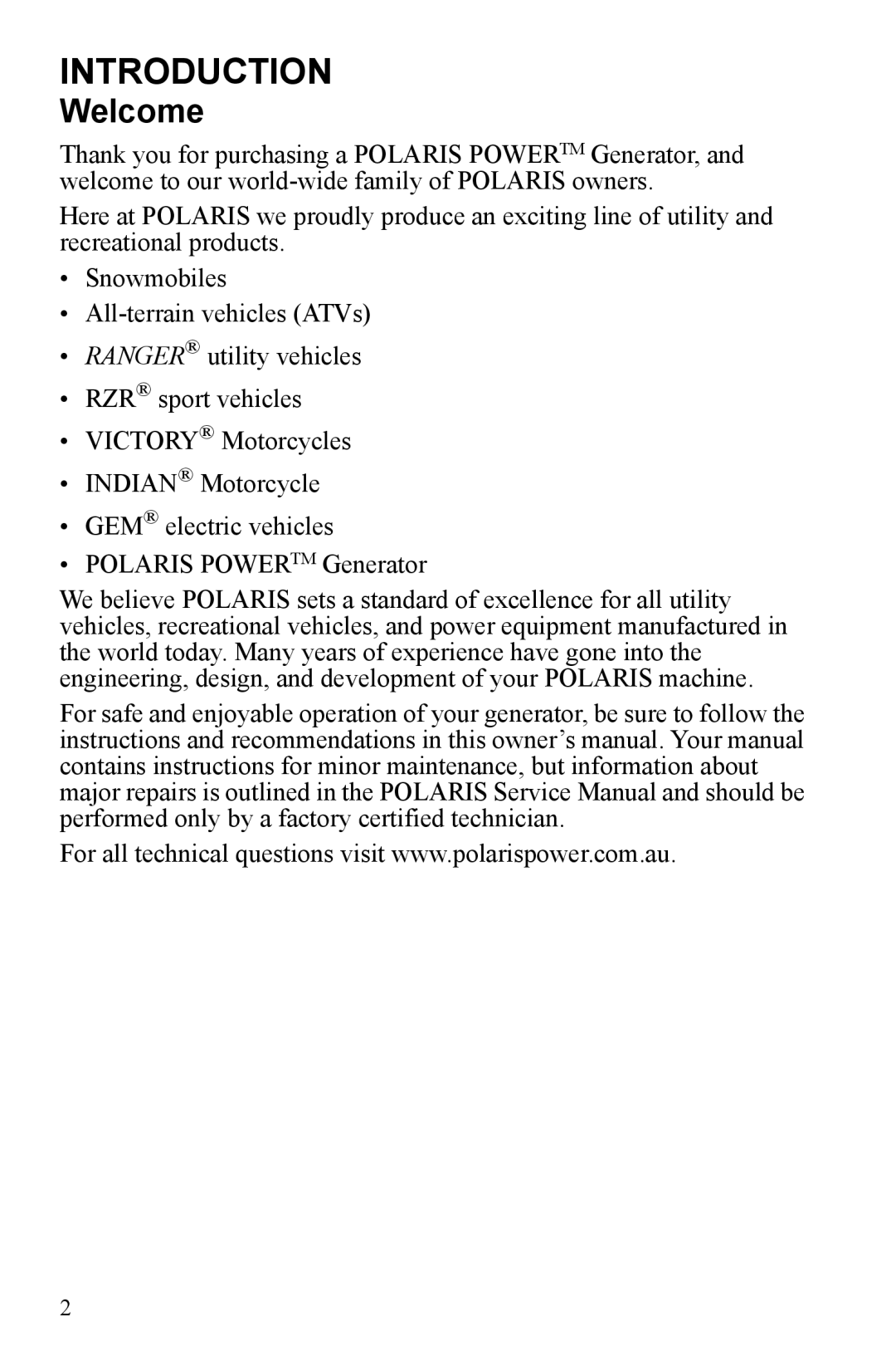 Polaris P1000i, P2000i manual Introduction, Welcome 