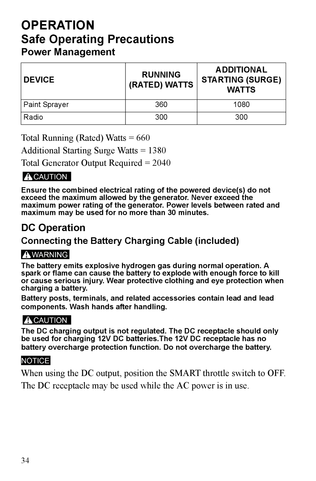 Polaris P1000i, P2000i manual Power Management, DC Operation 