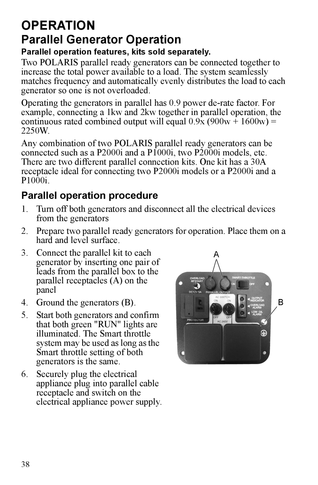 Polaris P1000i, P2000i manual Parallel Generator Operation, Parallel operation procedure 