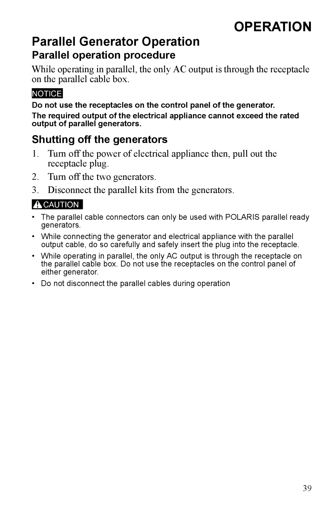 Polaris P2000i, P1000i manual Shutting off the generators 