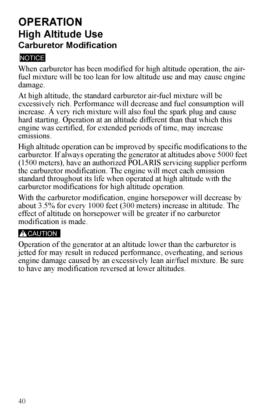 Polaris P1000i, P2000i manual High Altitude Use, Carburetor Modification 