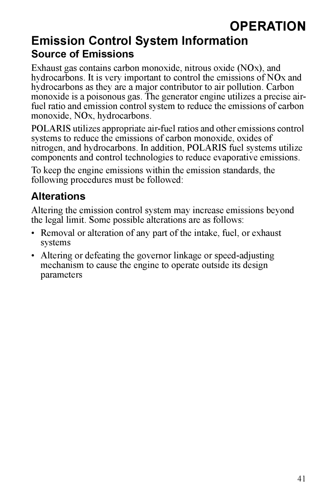 Polaris P2000i, P1000i manual Emission Control System Information, Source of Emissions, Alterations 