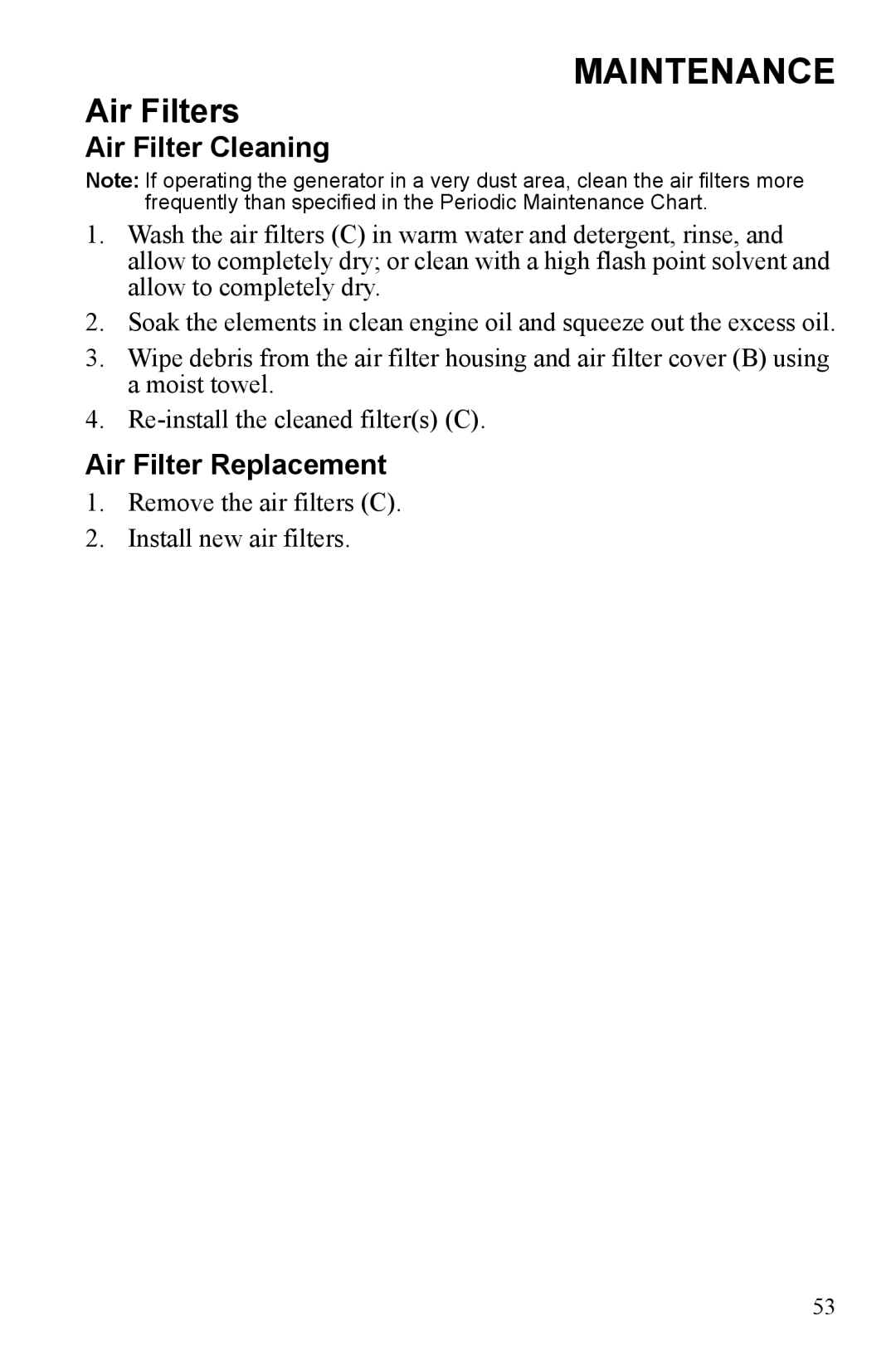 Polaris P2000i, P1000i manual Air Filter Cleaning, Air Filter Replacement 