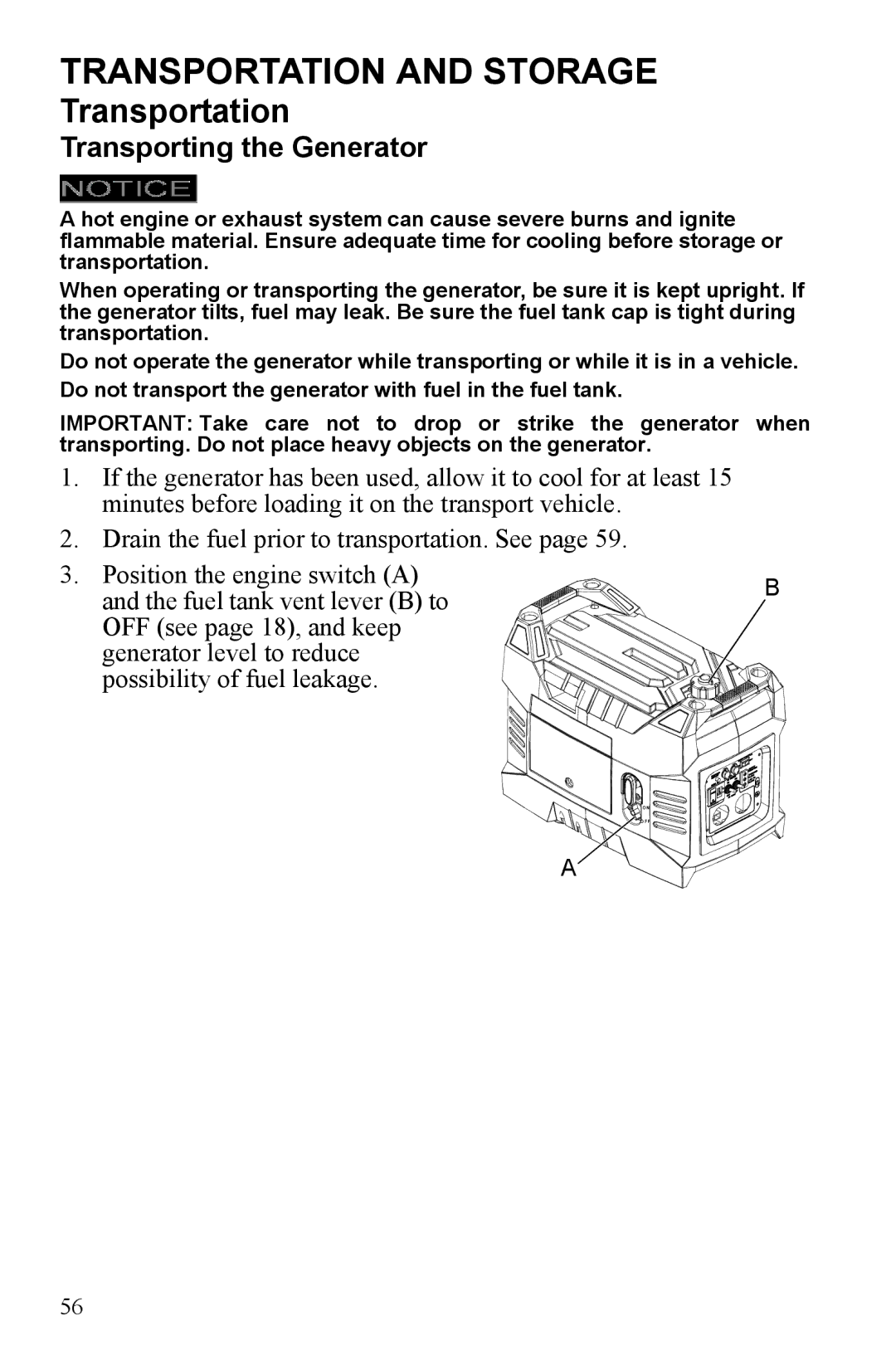 Polaris P1000i, P2000i manual Transportation and Storage, Transporting the Generator 