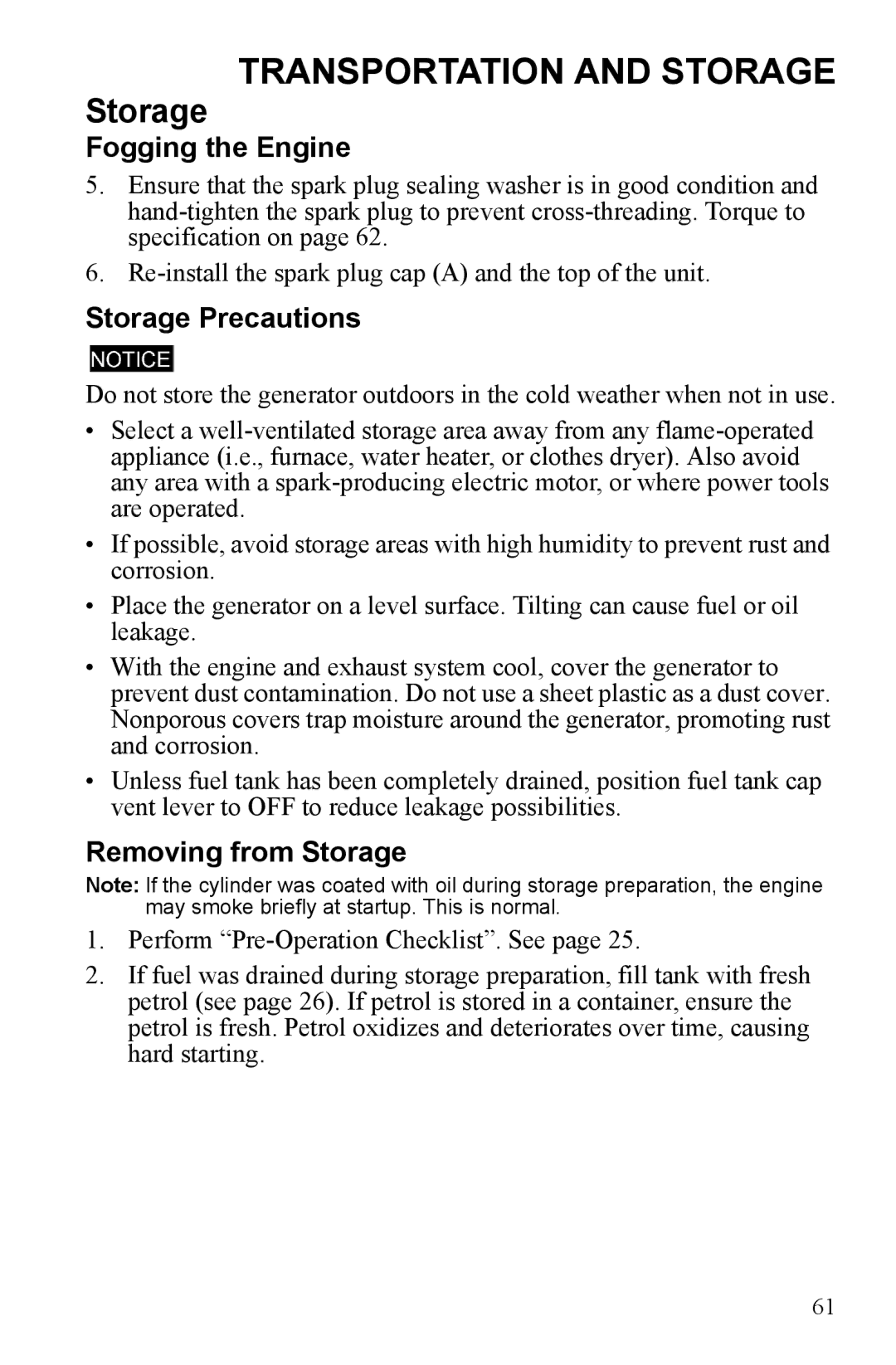 Polaris P2000i, P1000i manual Storage Precautions, Removing from Storage 