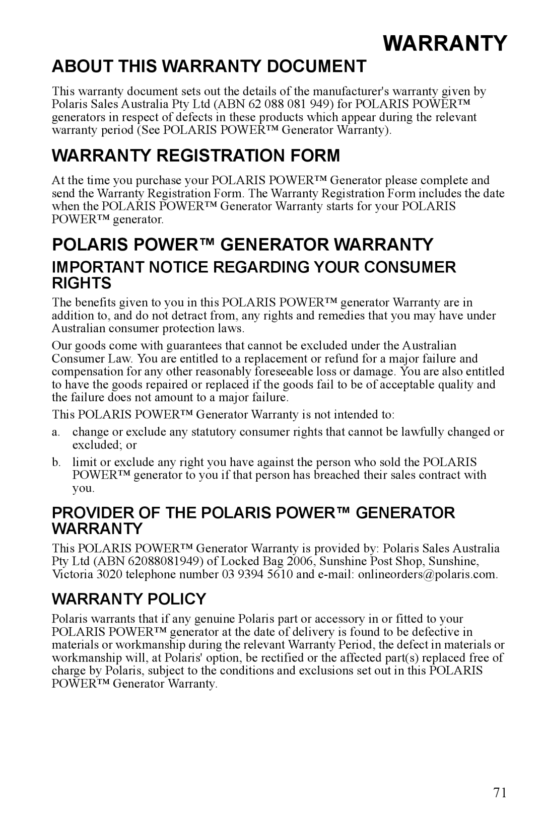 Polaris P2000i, P1000i manual About this Warranty Document Warranty Registration Form 