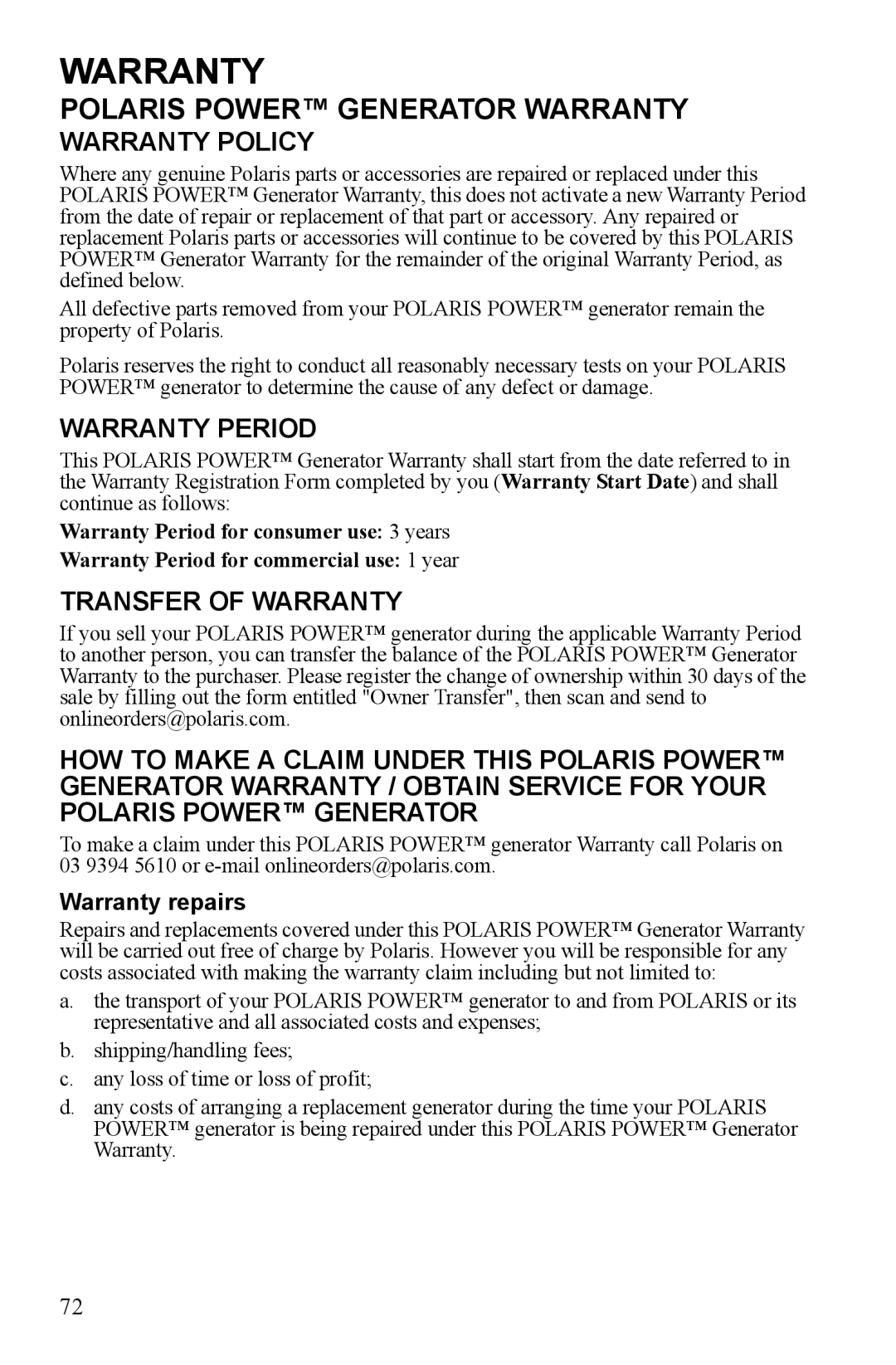 Polaris P1000i, P2000i manual Warranty Period 