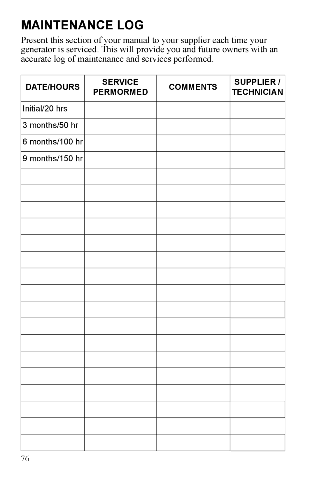 Polaris P1000i, P2000i manual Maintenance LOG, DATE/HOURS Service Comments Supplier Permormed Technician 