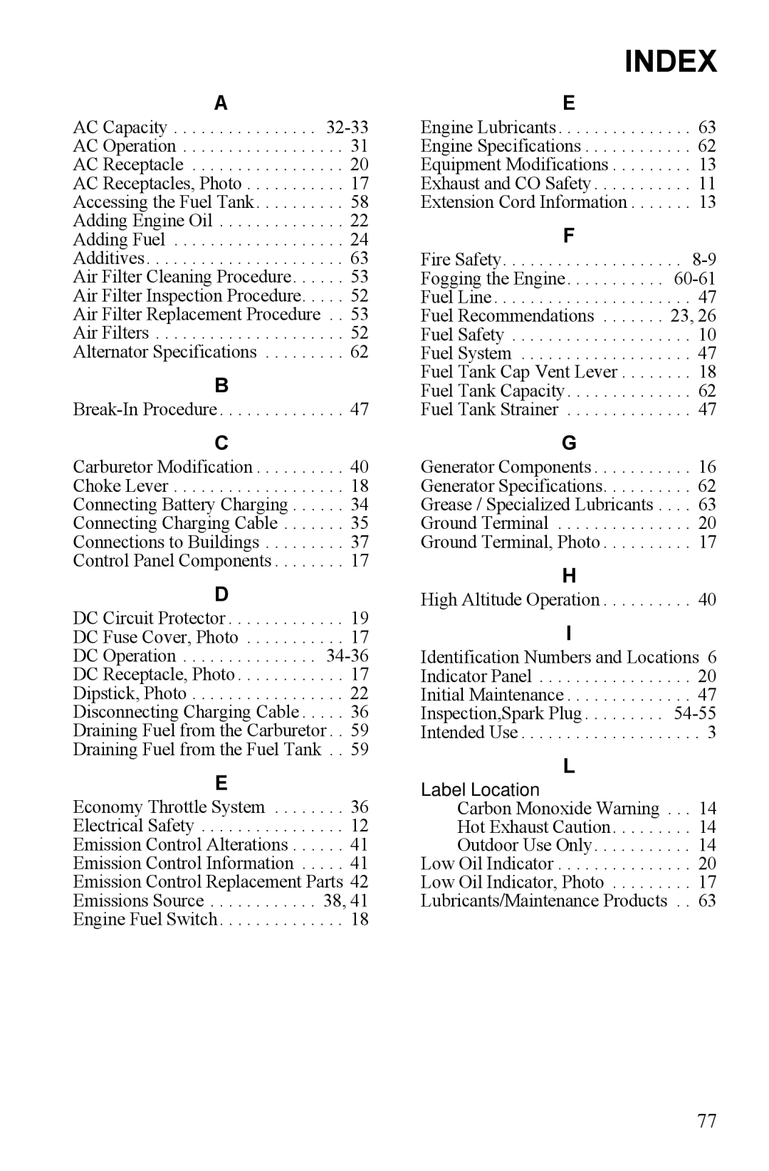 Polaris P2000i, P1000i manual Index, Label Location 