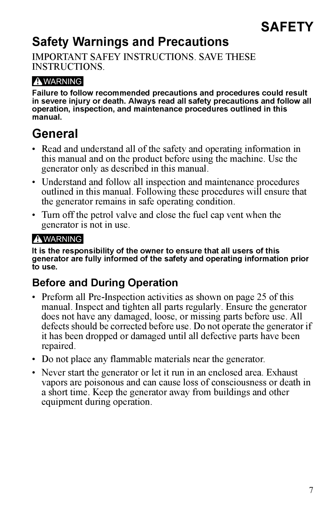 Polaris P2000i, P1000i manual Safety Warnings and Precautions, General, Before and During Operation 