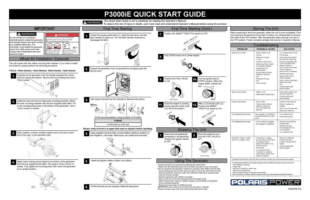 Polaris P3000iE quick start First Time Starting, Storing The Unit, Troubleshooting, Wheel Kit Installation Optional 